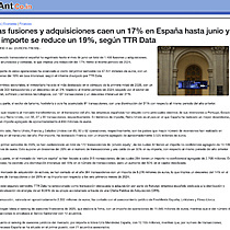 Las fusiones y adquisiciones caen un 17% en Espaa hasta junio y el importe se reduce un 19%, segn TTR Data